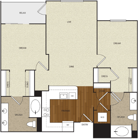 Floor plan for 2 beds, 2 baths, 1001 sqft